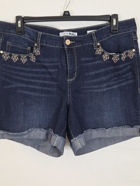 Code Bleu Dark Navy Denim Shorts with Pink & Cream Floral Embroidery